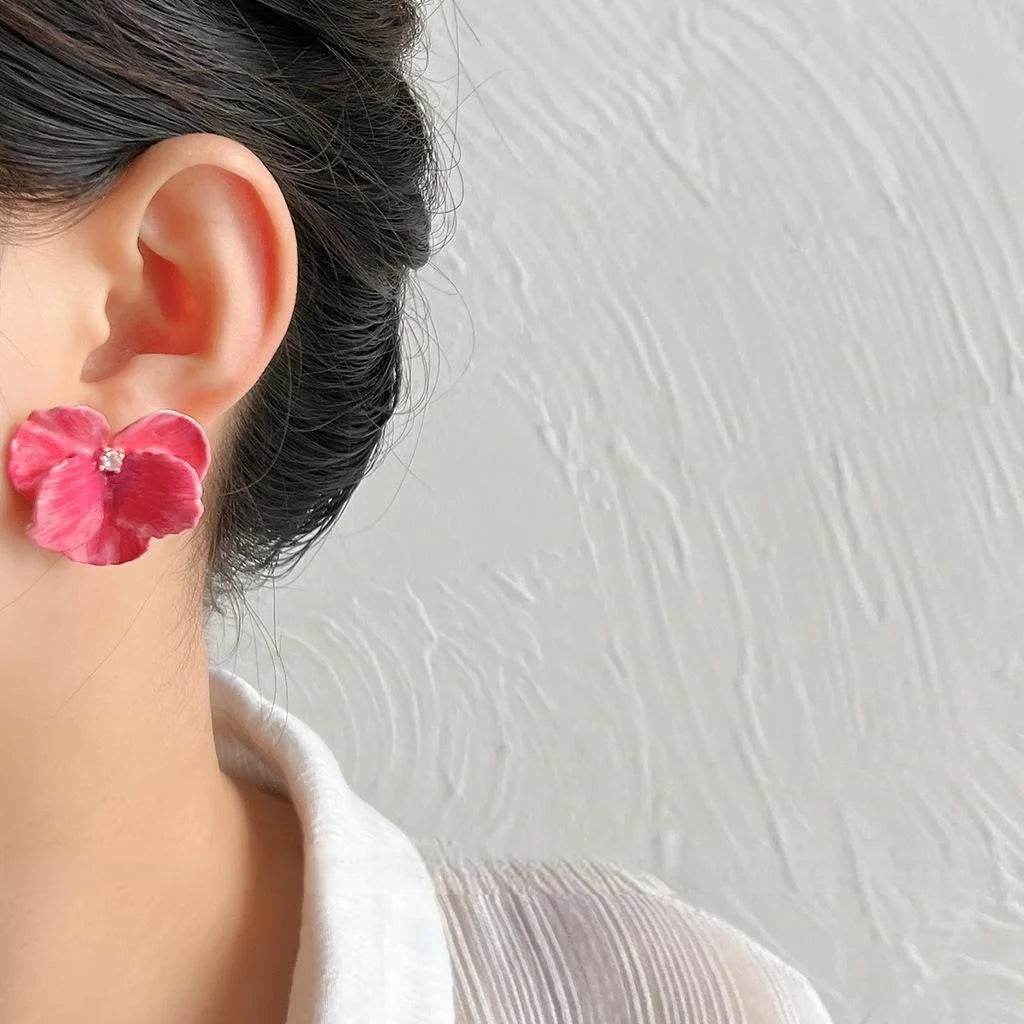14K Plated Copper 3D Floral Petal Stud Earrings With Red Wave Korean Japanese Style
