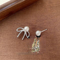 Two Way Glass Pearl Bow Drop Earrings With Copper Alloy, Versatile Commuter Jewelry