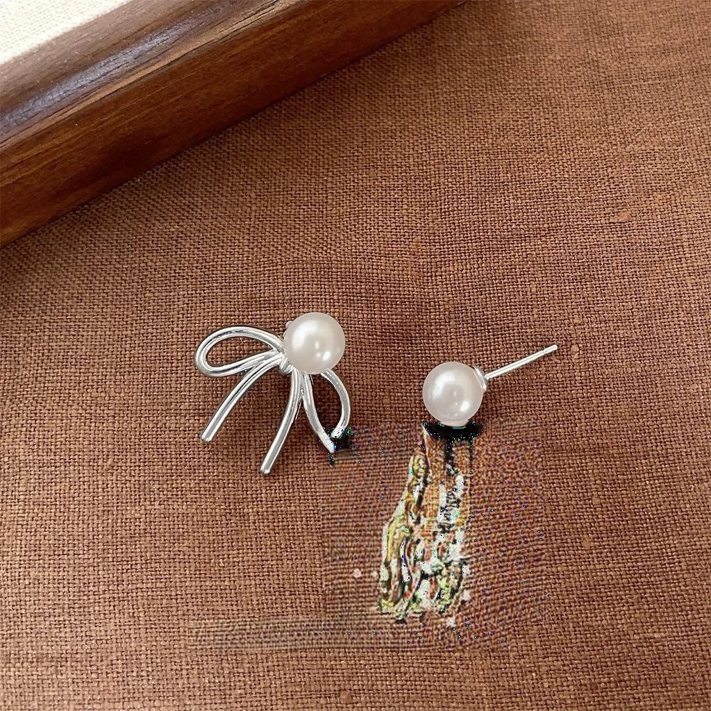 Two Way Glass Pearl Bow Drop Earrings With Copper Alloy, Versatile Commuter Jewelry