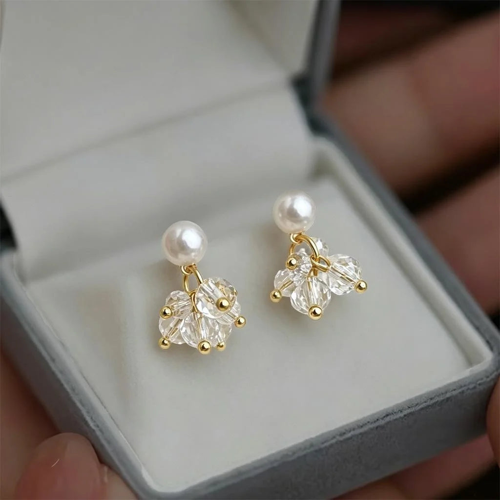 Handmade Crushed Ice Glass Crystal Pearl Tassel Drop Earrings Minimalist Geometric Jewelry