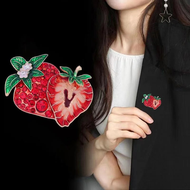 Luxury Red Strawberry Brooch With Enamel Leaves And Rhinestones, Elegant Fruit Lapel Pin Corsage Gift