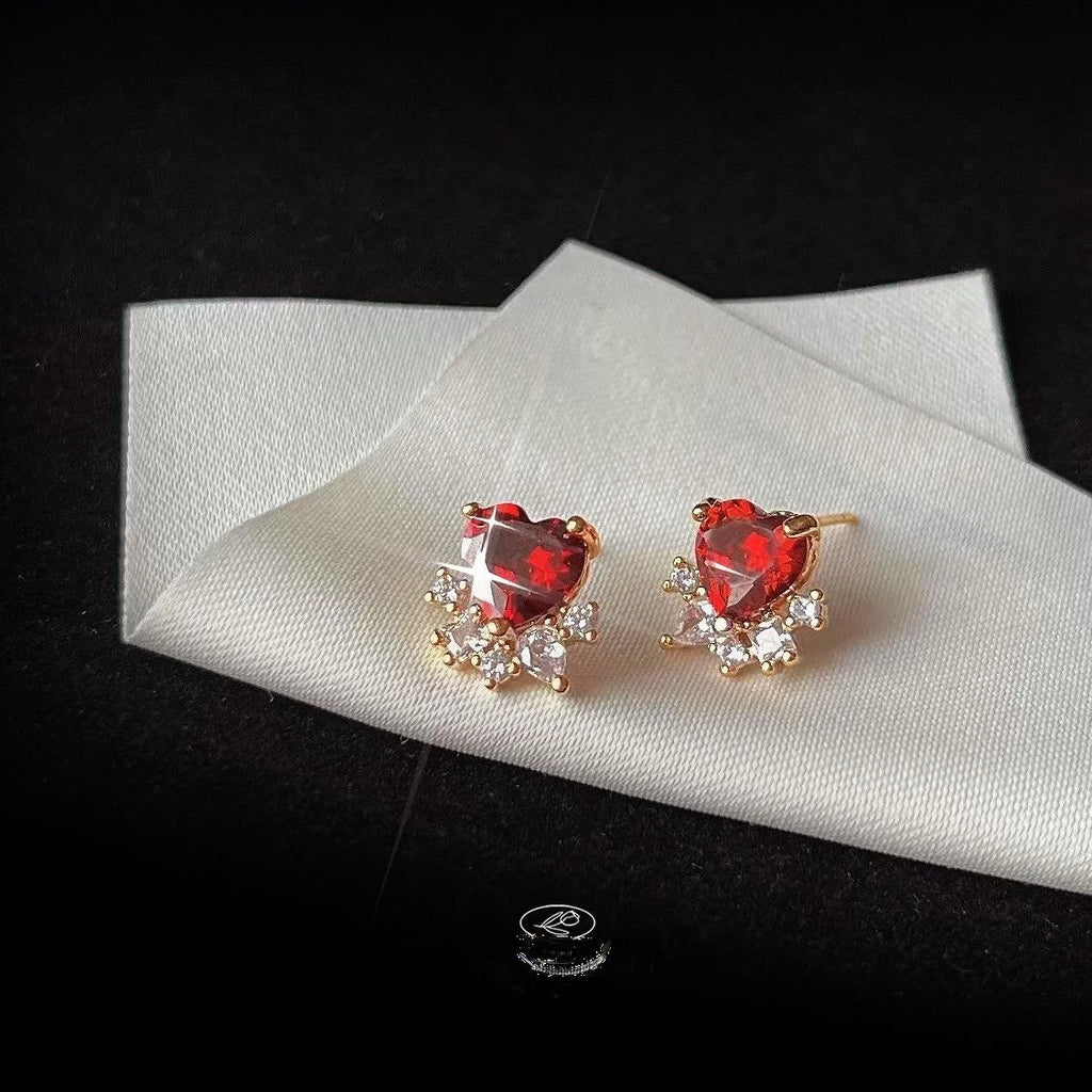 French Style 14K Gold Plated Copper Heart Micro Pave Zircon Stud Earrings