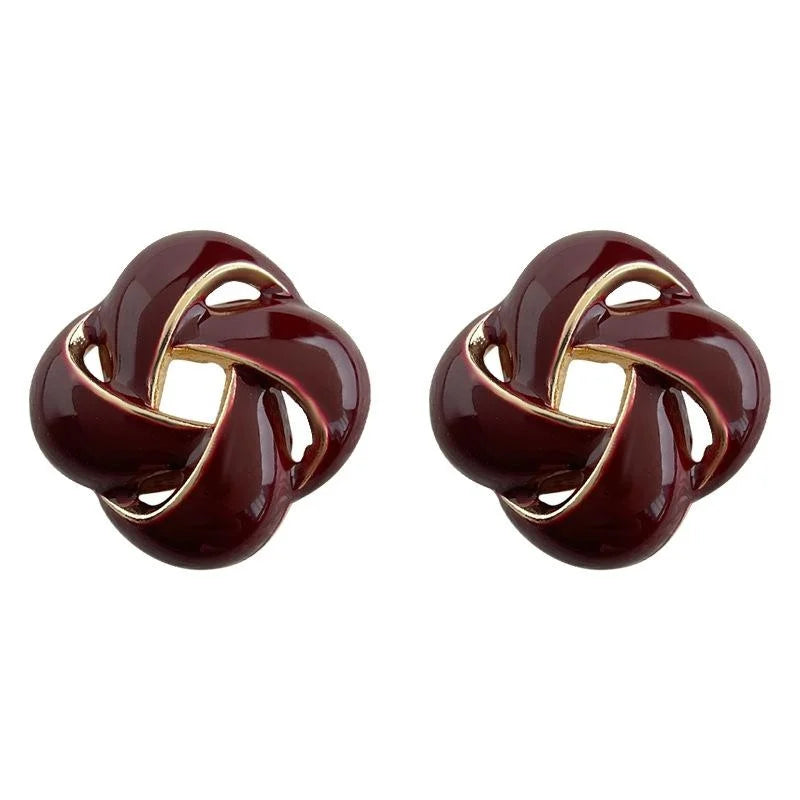 Premium Burgundy Enamel Geometric Hollow Stud Earrings, 14K Gold Plated Copper