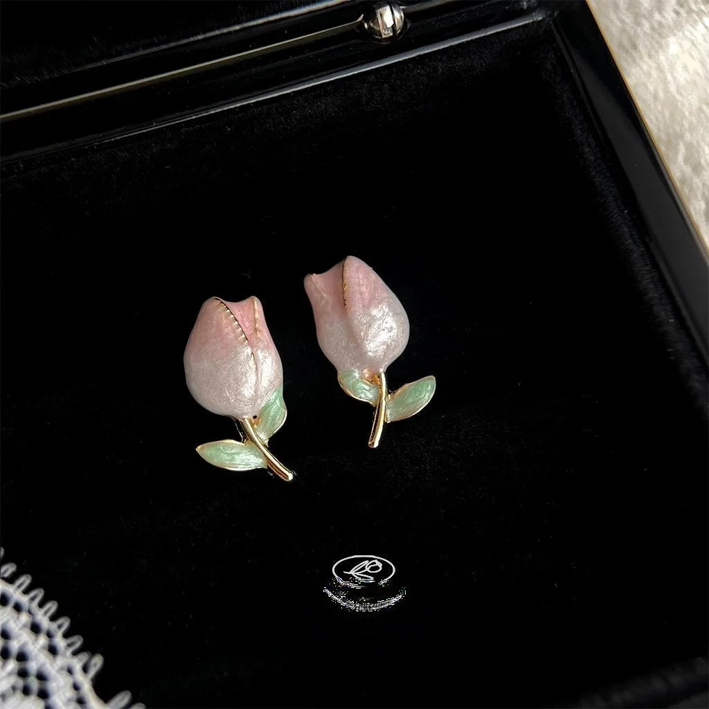 Sweet Gradient Pink Tulip Stud Earrings Alloy Floral Korean Style Cute Flower Jewelry for Women