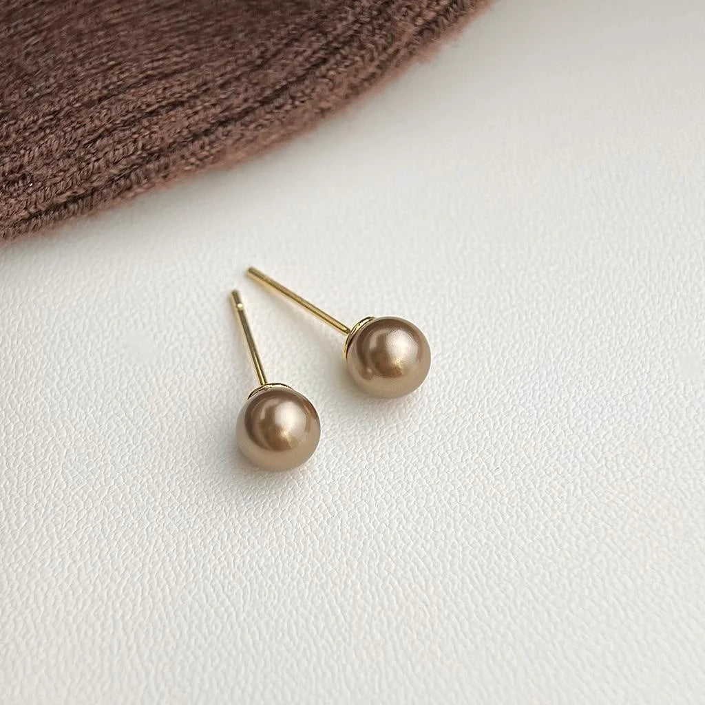 French Vintage Mocha Brown Glass Pearl Round Stud Earrings Minimalist Luxury Fashion Jewelry