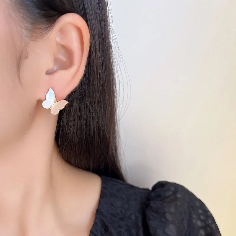 Elegant Natural Shell Butterfly Zircon Stud & Clip On No Piercing Light Luxury Women's Earrings