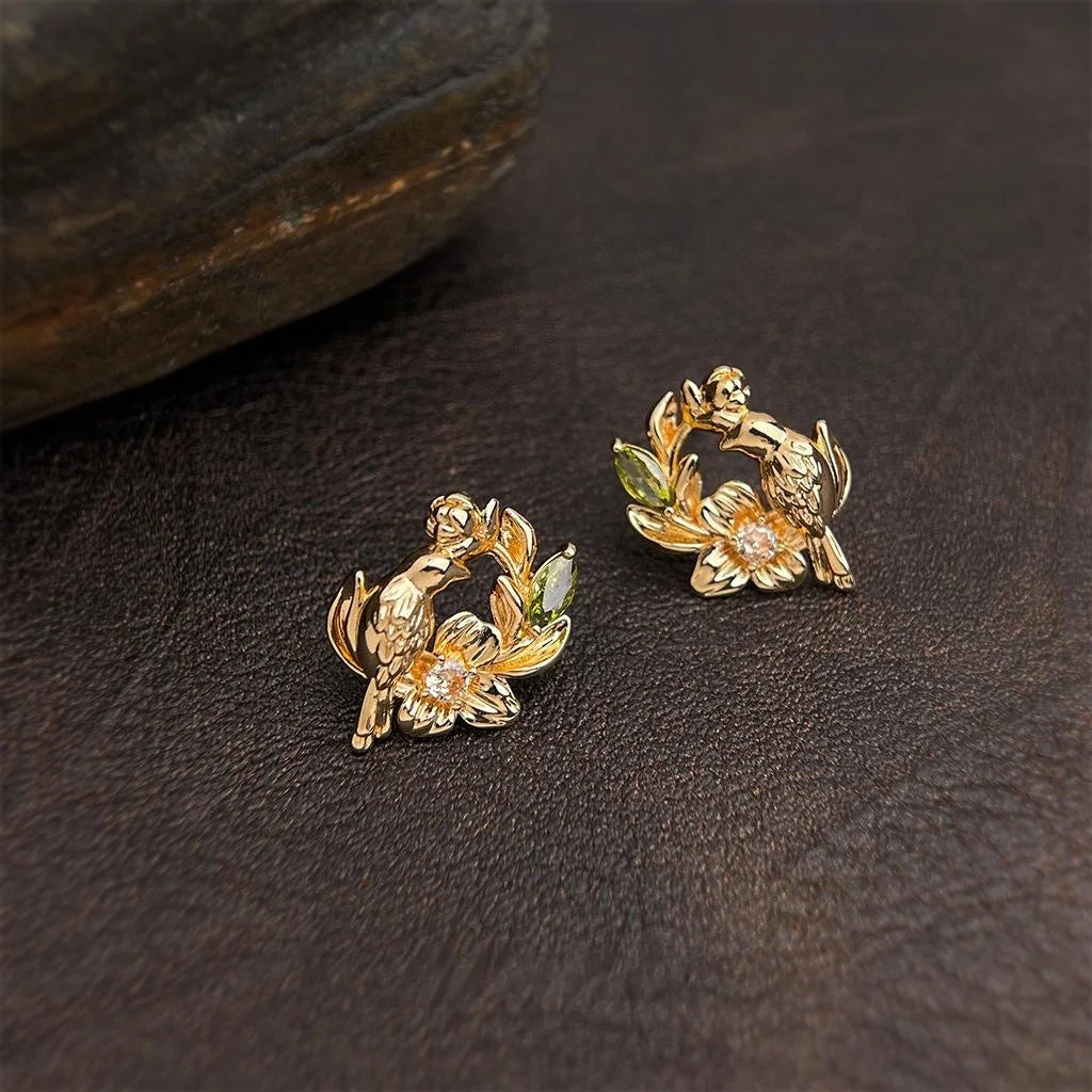 Light Luxury Copper Zircon Flower Wreath Bird Stud Earrings