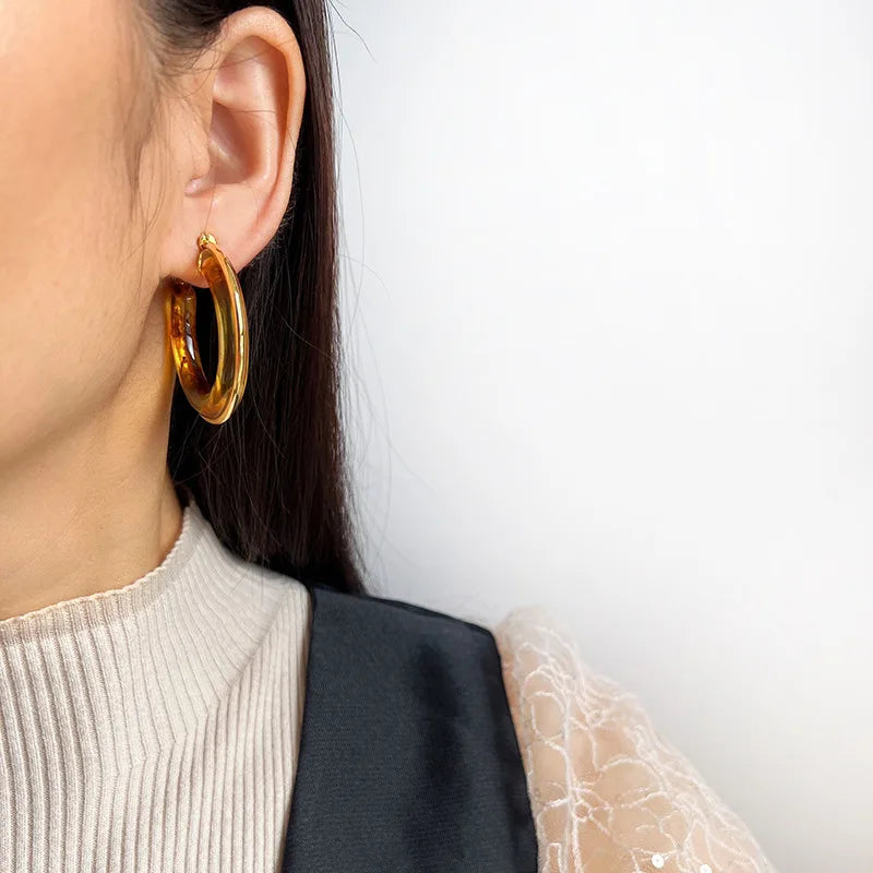 Vintage Tortoise Resin Round Hoop Alloy Stud & Clip On No Piercing C-Shaped Statement Earrings