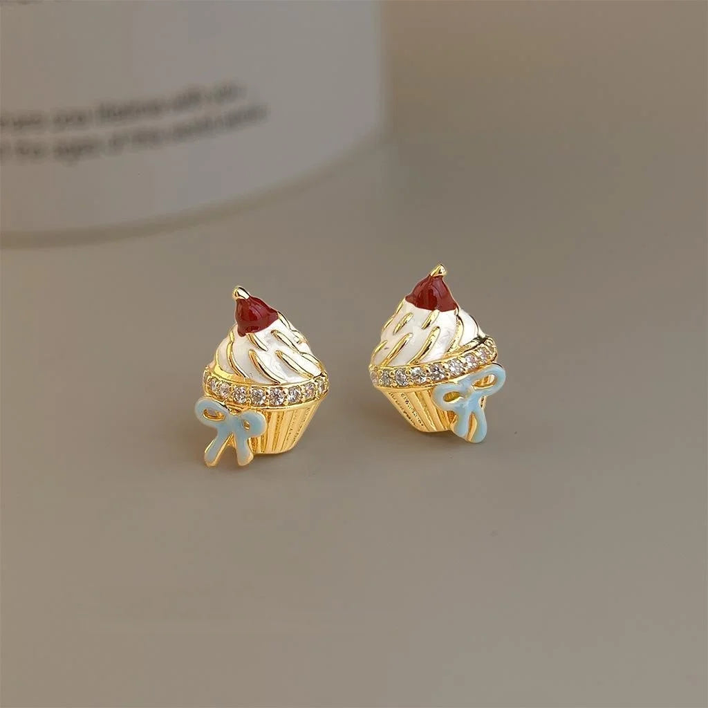 Cute Childlike Hand Painted Ice Cream Cake Copper Zircon Stud Earrings For Women