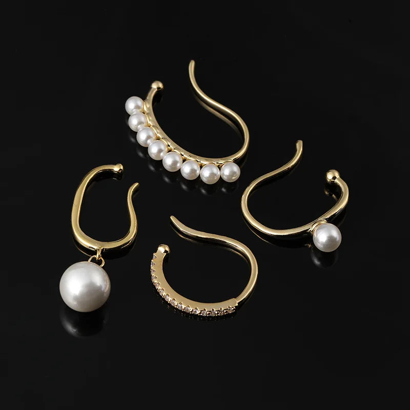 Elegant Gold Alloy Pearl Ear Cuff Hoop Stud & Clip On No Piercing Rhinestone Ear Bone Wrap Earrings