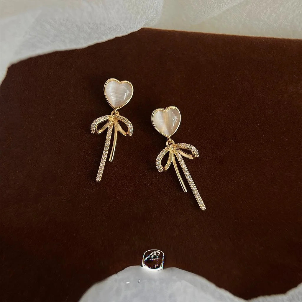 14K Plated Copper Bow Heart Drop Earrings With Glass Cat Eye Stone And Micro Pave Zircon For Women