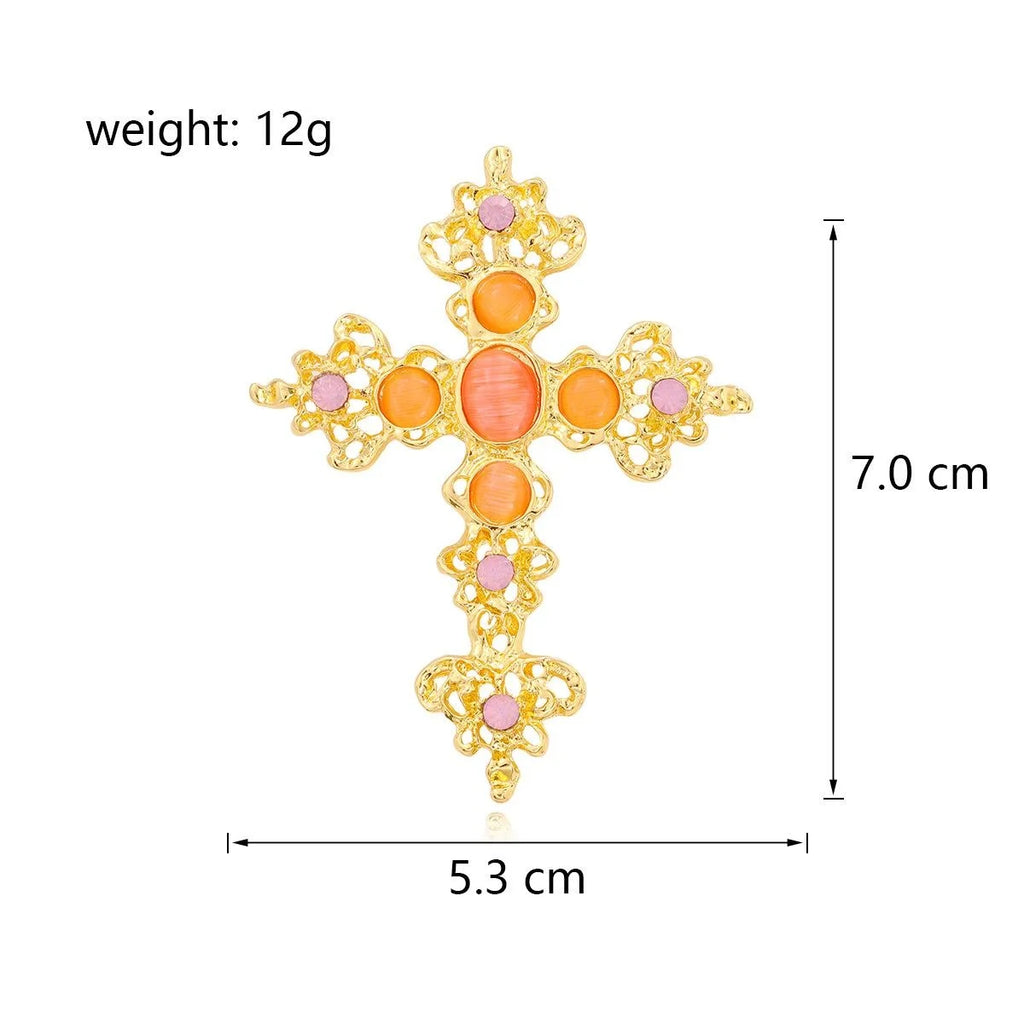 Elegant Silver Alloy Cross Brooch With Blue Rhinestones And Turquoise Cabochons, Women's Lapel Pin Gift