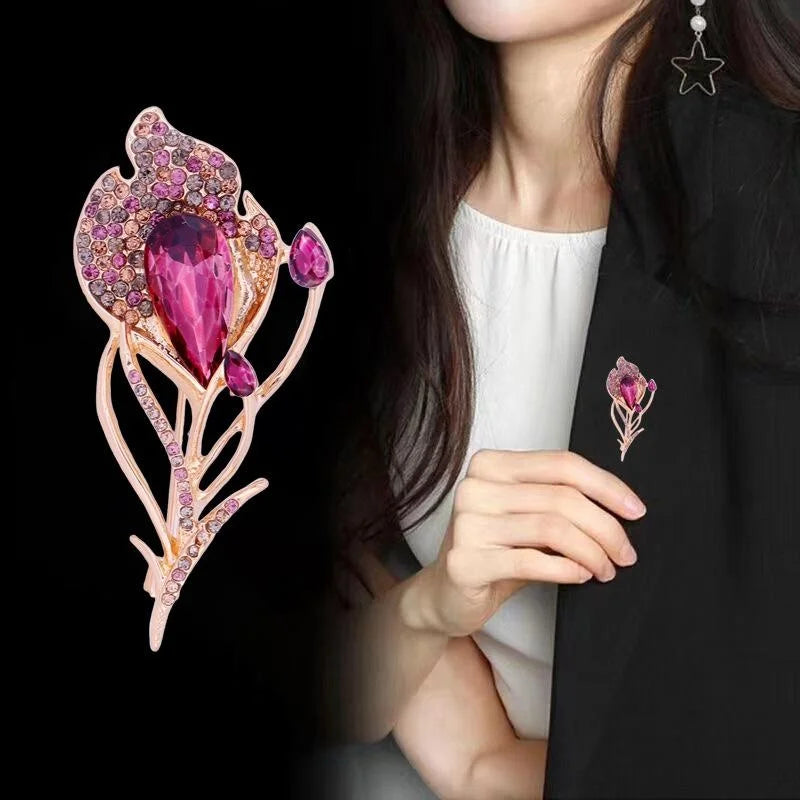 Elegant Pink Rhinestone Feather Brooch Alloy Crystal Leaf Lapel Pin Corsage For Women's Suits Gift