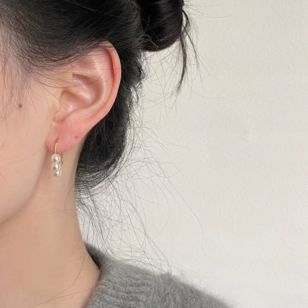 14K Gold Plated Copper Geometric Hoop Pearl Drop Earrings Light Luxury Minimalist Style