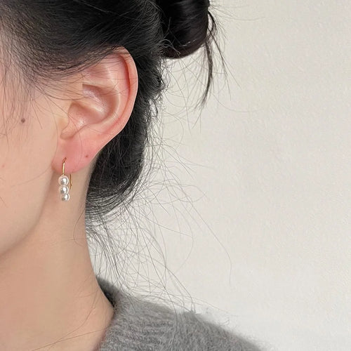 14K Gold Plated Copper Geometric Hoop Pearl Drop Earrings Light Luxury Minimalist Style