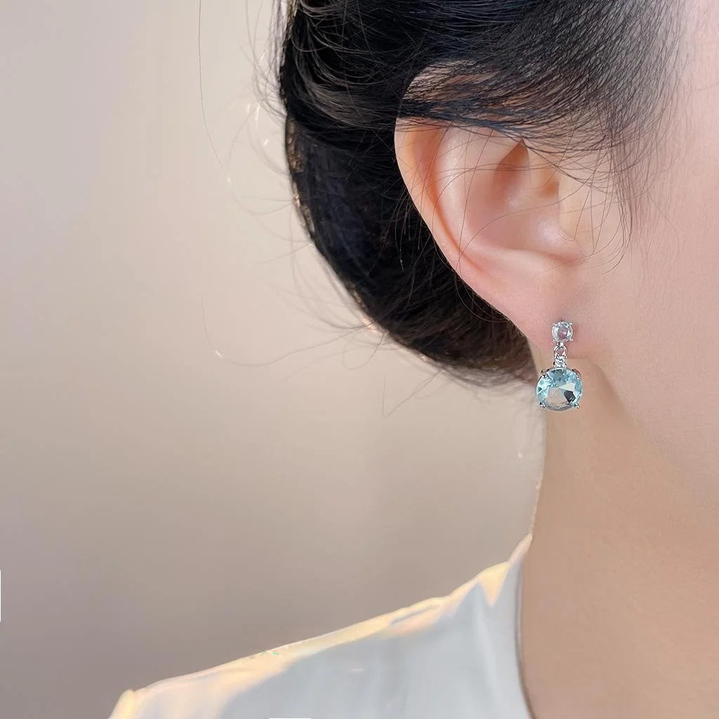 Aqua Blue Geometric Tassel Drop Earrings With Zircon Copper