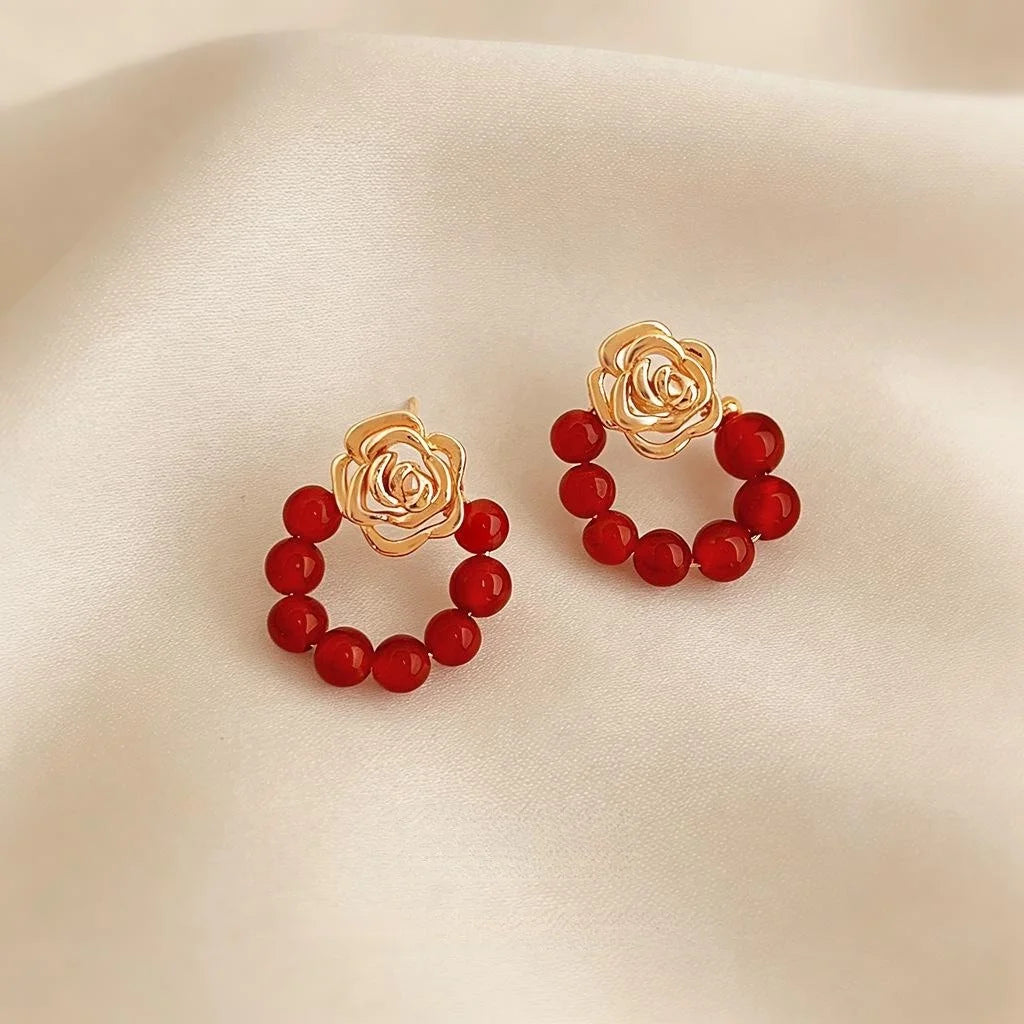Handmade Ethnic Geometric Rose Natural Red Agate Copper Drop Earrings Posts