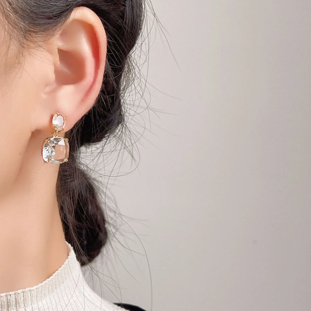 Elegant Square Clear Crystal Zircon Dangle Stud & Clip On No Piercing Luxury Alloy Drop Earrings