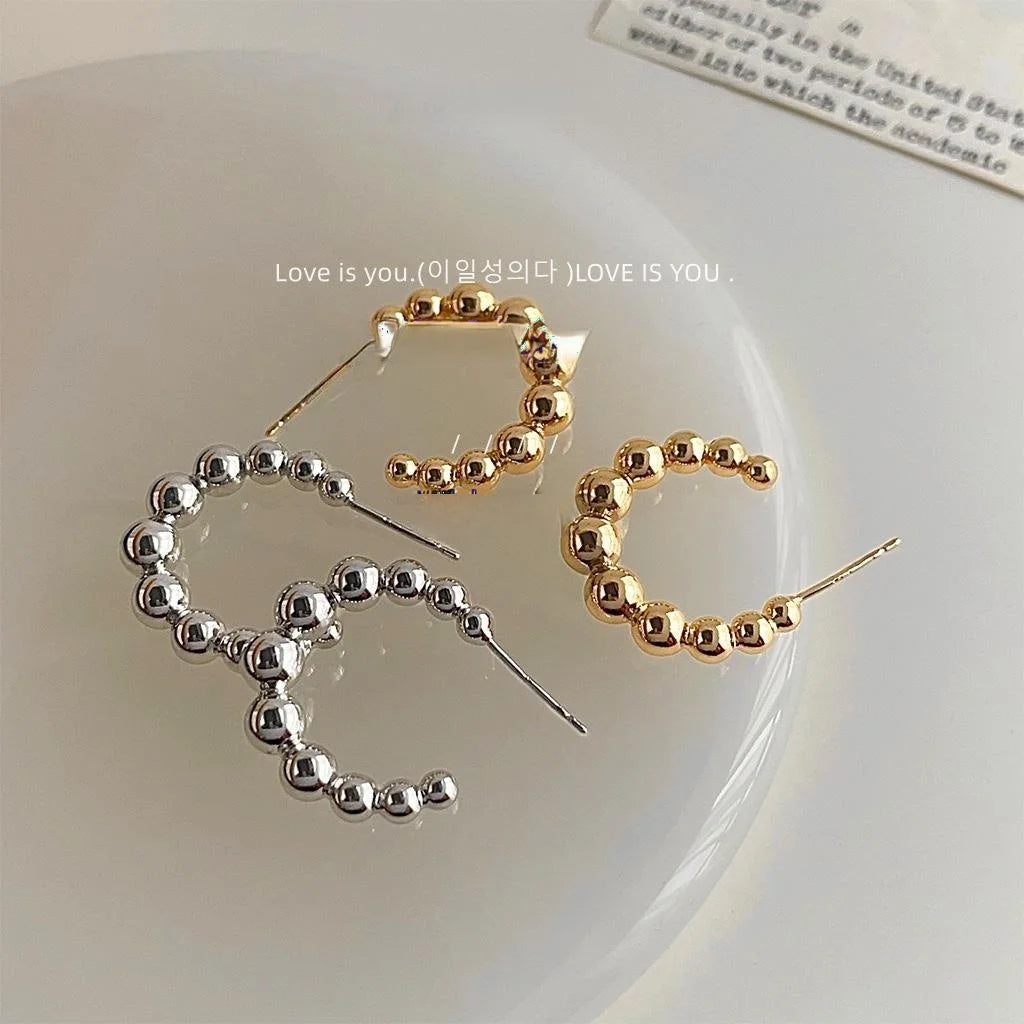 European Style Copper Geometric Hoop Drop Earrings With Gold Bead Ring Design