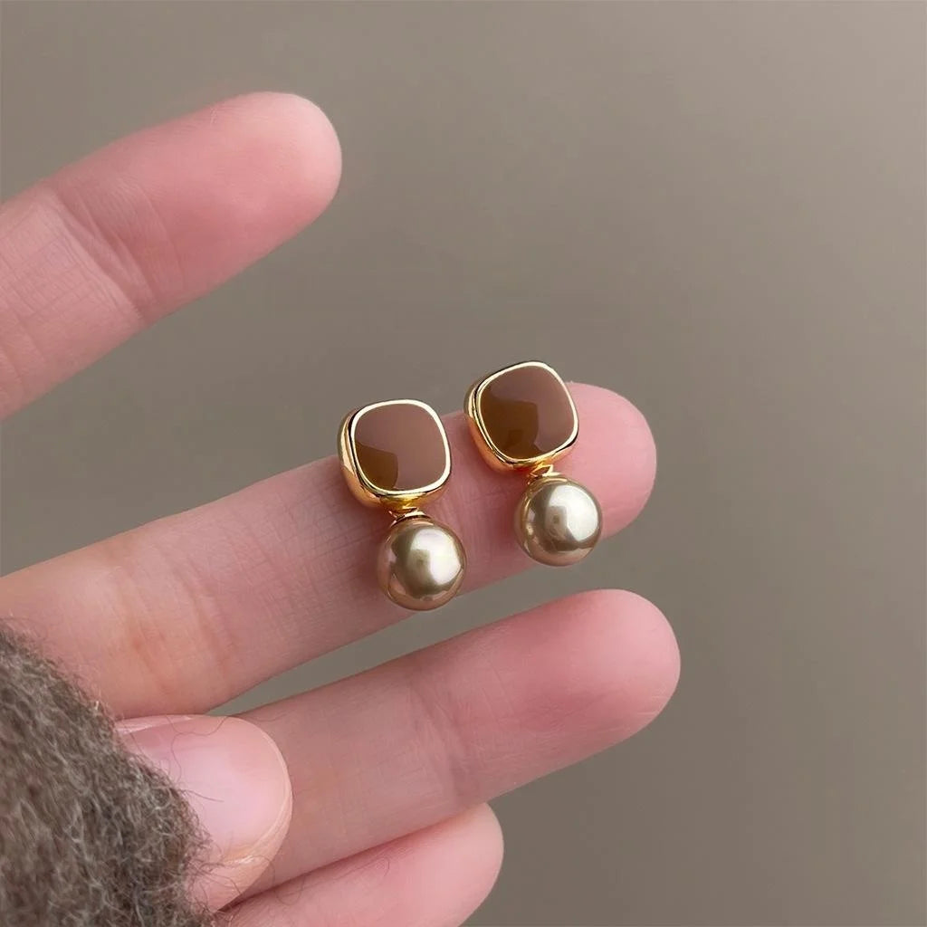 Mocha Brown Enamel Glazed Copper Geometric Pearl Drop Earrings, Maillard Style