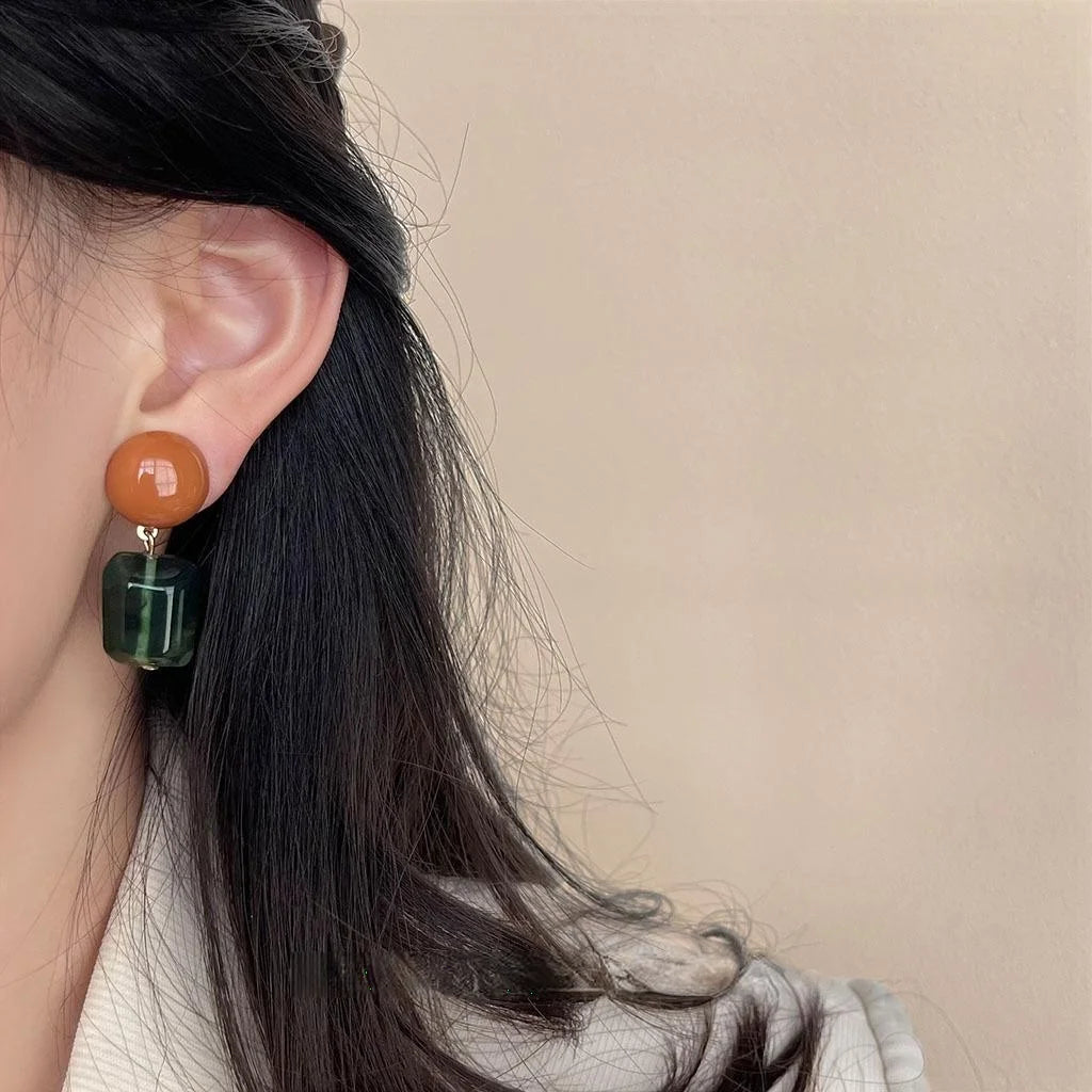 Handmade Autumn Ombre Resin Copper Geometric Drop Earrings With Silver Plated Pins