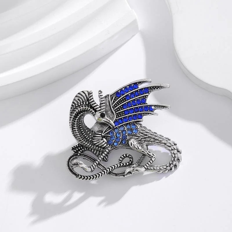 Vintage Rhinestone Pterosaur Dinosaur Brooch, Antique Gold Alloy Winged Dragon Lapel Pin Suit Accessory