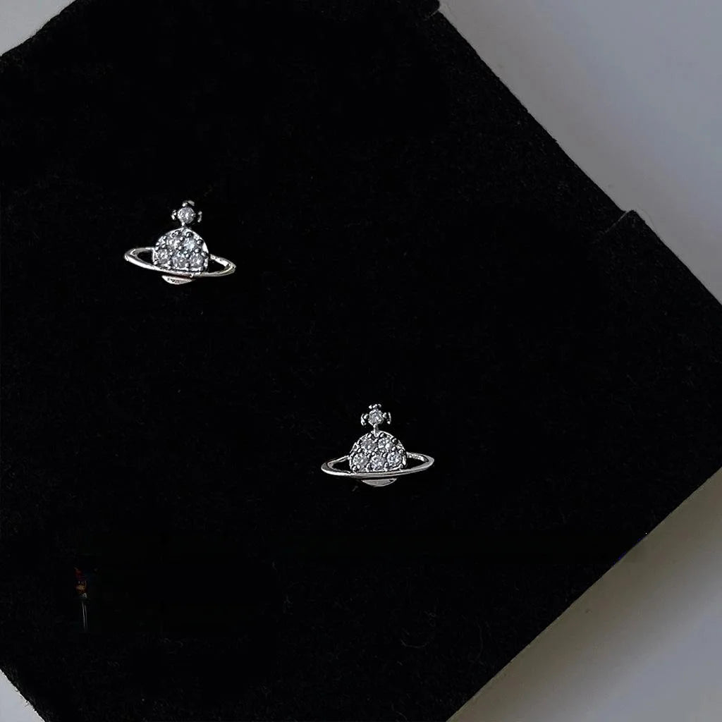 Mini Micro Pave Zircon Copper Stud Earrings With Silver Plated Pins Space Planet Style Jewelry