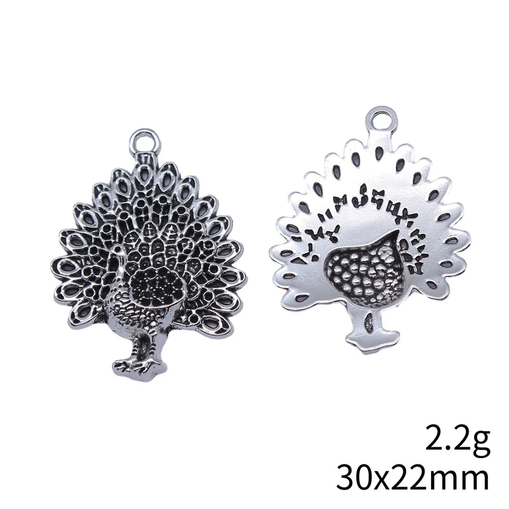 30x22mm 2.2g Antique Silver Zinc Alloy Peacock Charm Pendant with Rhinestone Holes for DIY Jewelry