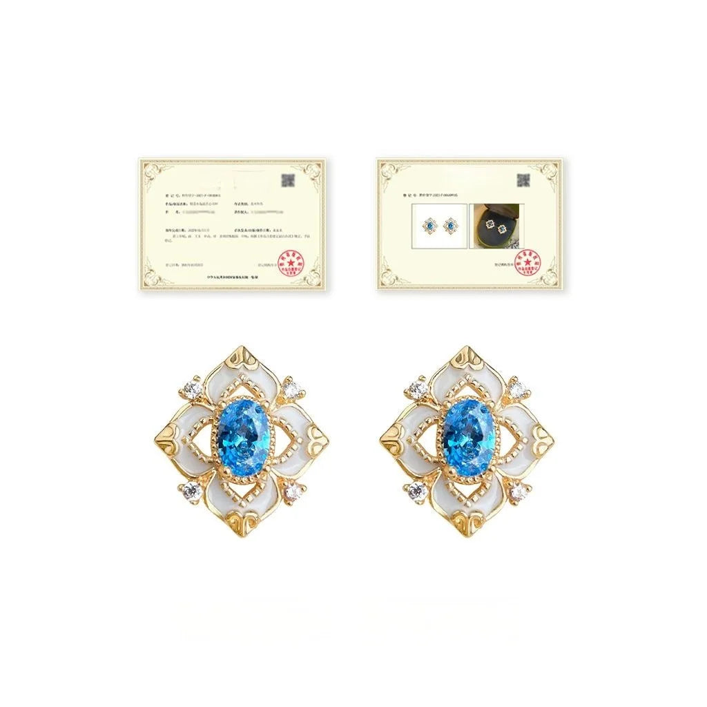 Light Luxury Aquamarine Enamel Floral Geometric Zircon Copper Stud Earrings