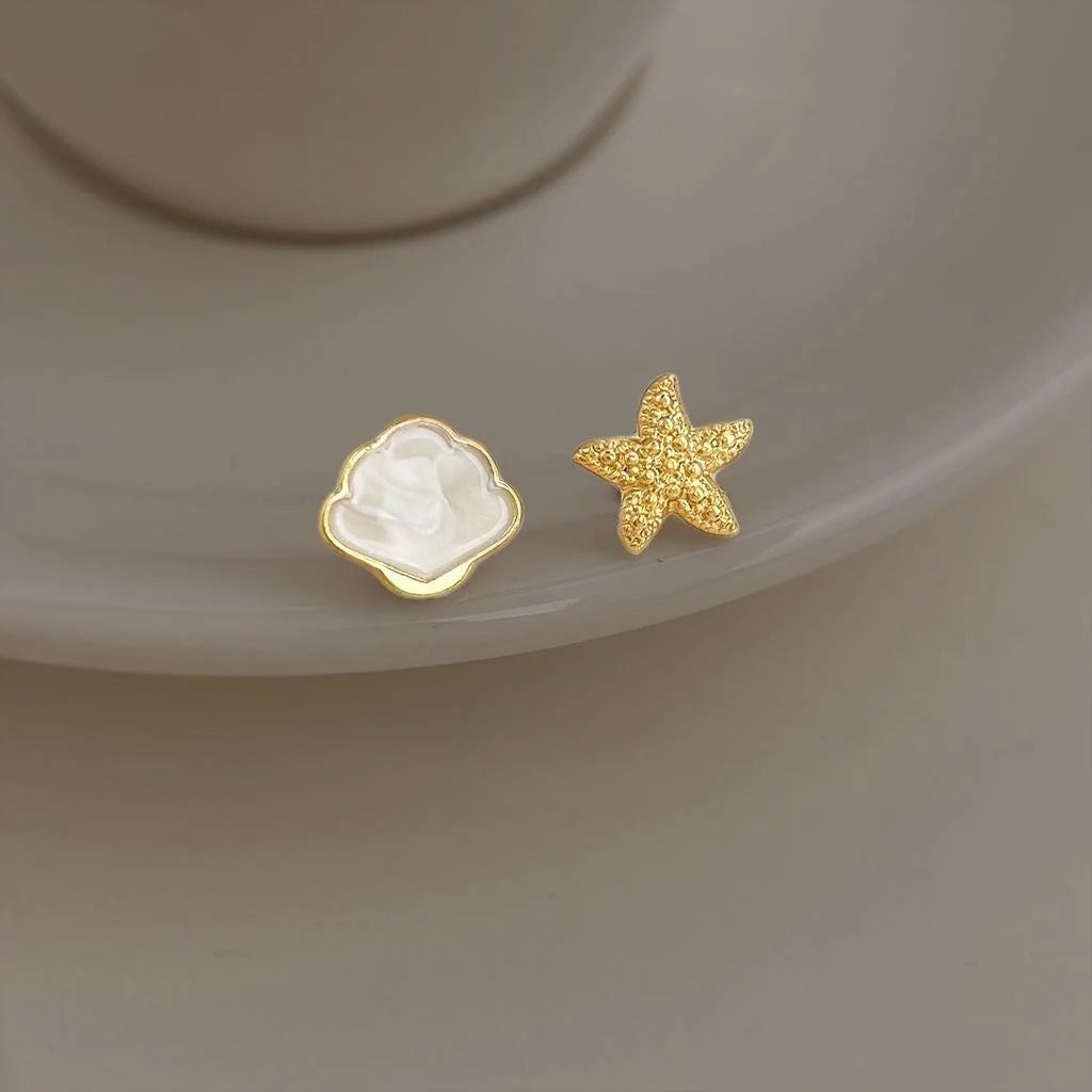 Copper Starfish Shell Enamel Asymmetric Mini Stud Earrings Simple Vacation Style