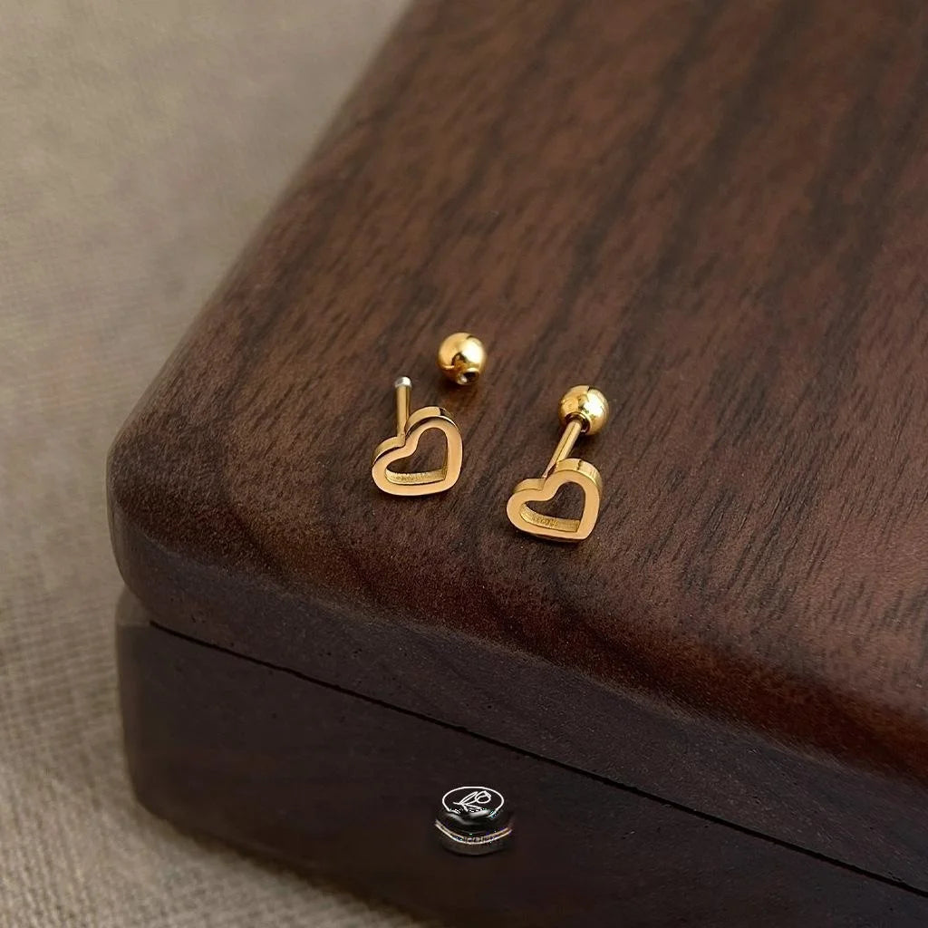 Copper Heart Screw Stud Earrings, Trendy Chinese Style Minimalist Anti-Loss Ear Jewelry