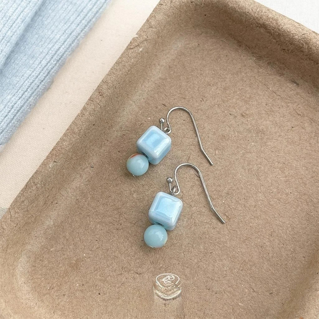 New Chinese Vintage Shoushan Stone Ceramic Geometric Drop Earrings Handmade Designer Jewelry