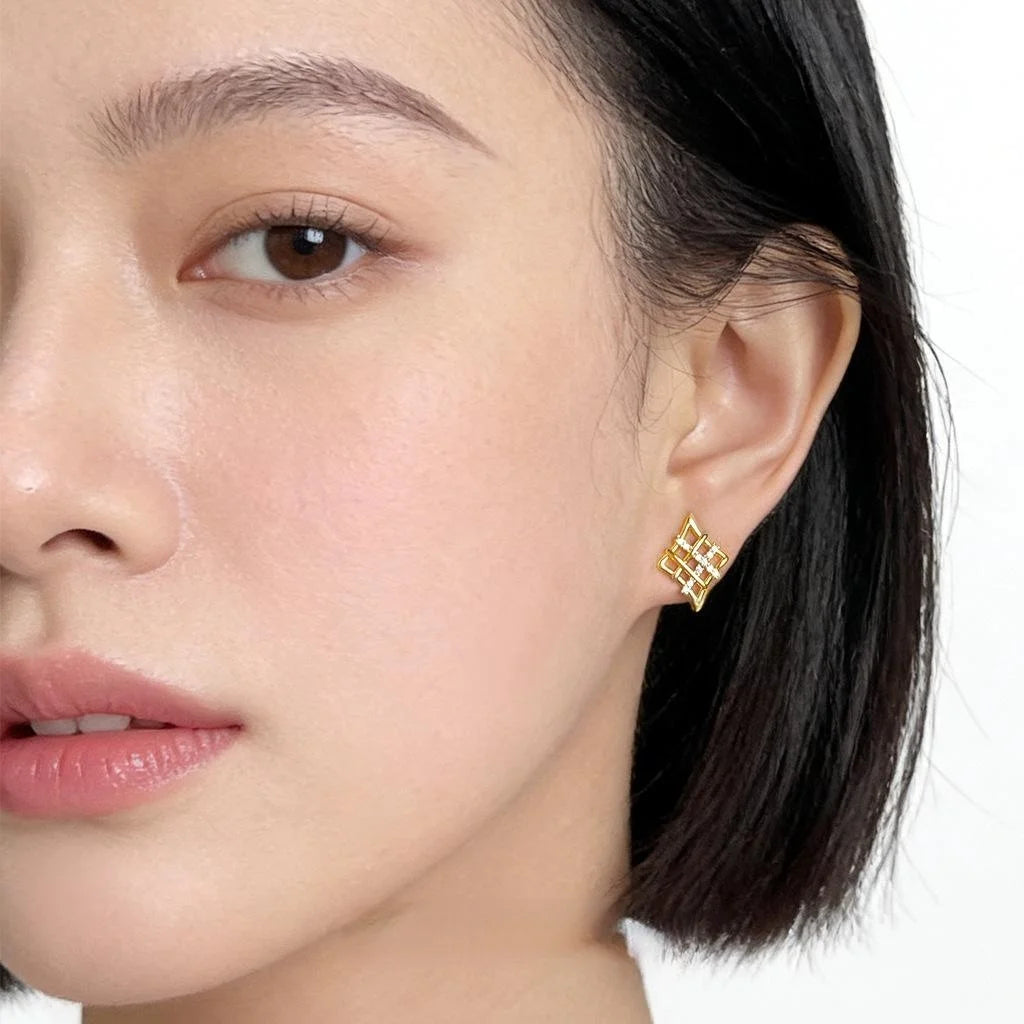 Light Luxury Geometric Zircon Grid Stud Earrings, Copper Alloy