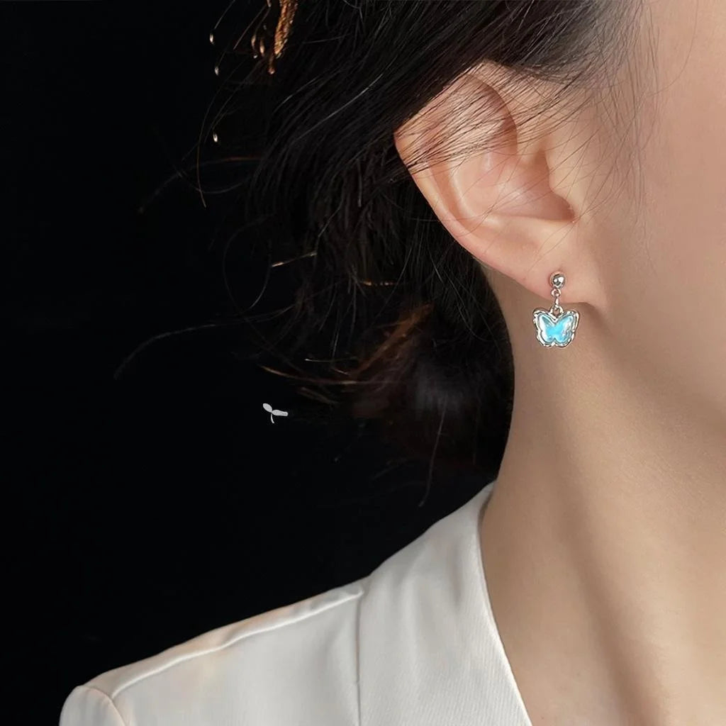 Gradient Blue Butterfly Drop Earrings Copper Silver-Plated Pin Sweet Summer Fairy Style Jewelry