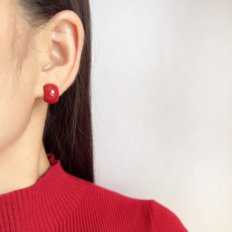 Vintage Red Bean Enamel Spiral Disc Alloy Stud & Clip On No Piercing Women Jewelry Earrings