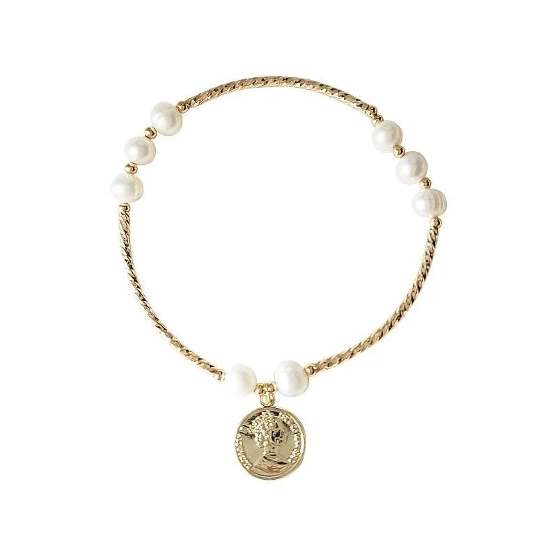 Minimalist Freshwater Pearl 14K Gold Plated Copper Bead Elastic Bracelet For Women