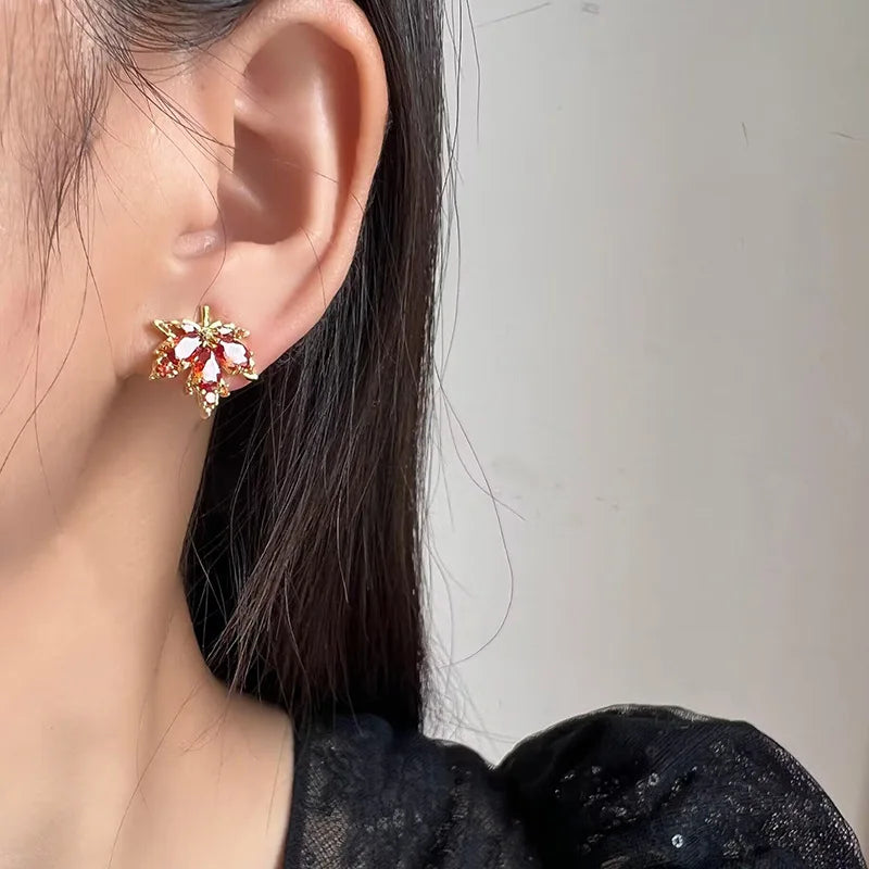 Luxury Vintage Red Zircon Maple Leaf Alloy Stud & Clip On No Piercing Elegant Statement Earrings