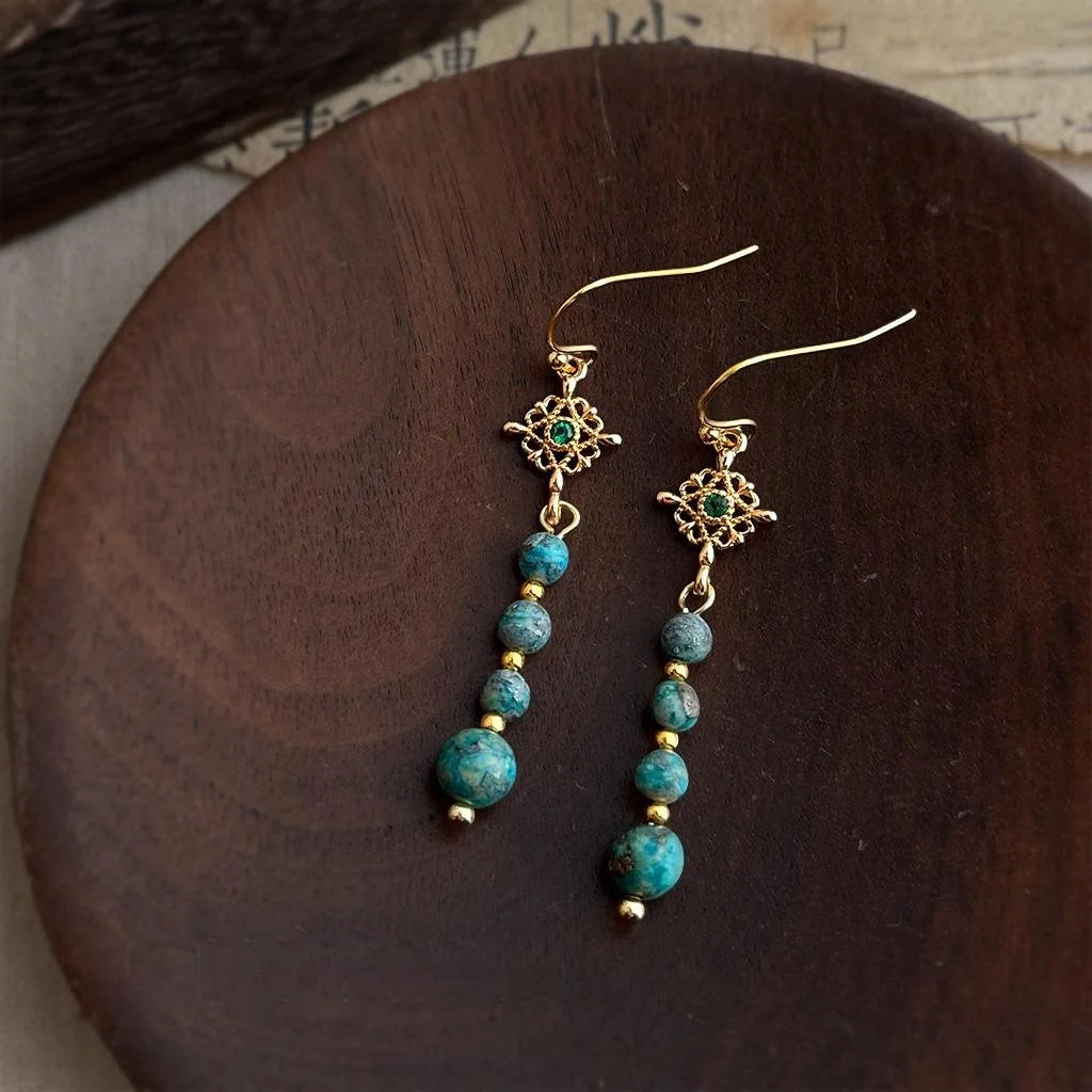 Vintage Chinese Style Copper Zircon Hubei Turquoise Geometric Round Tassel Drop Earrings