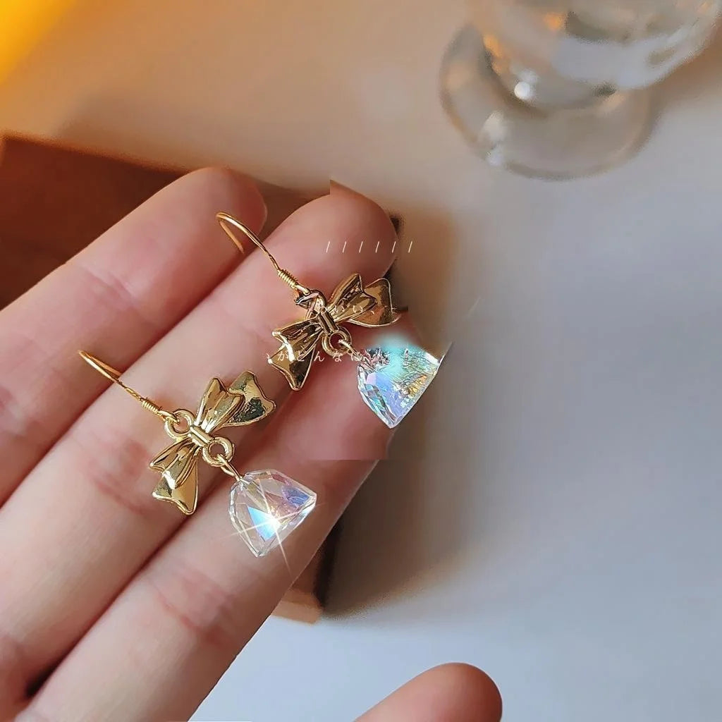 Vintage French Bow Drop Earrings Copper Glass Crystal Transparent Bell Princess Style