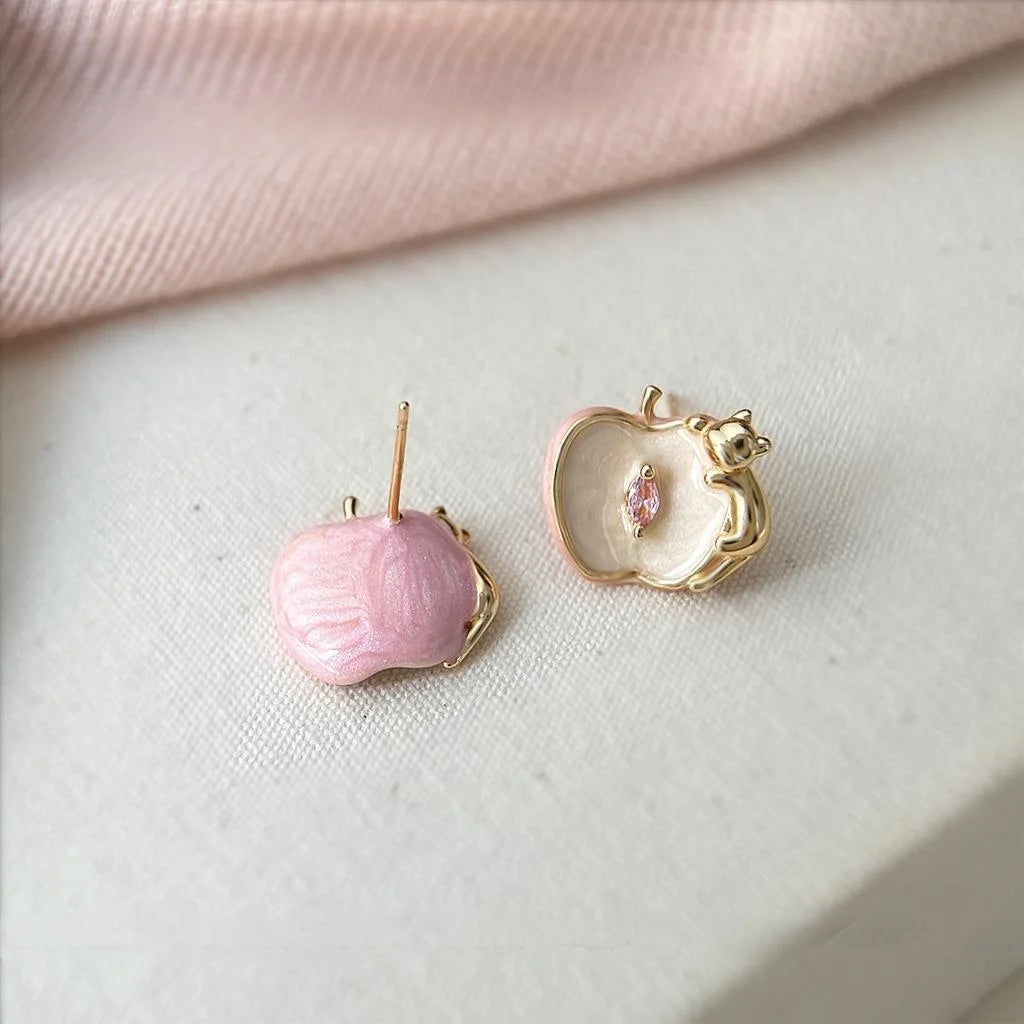 Designer Apple Cat Enamel Copper Zircon Stud Earrings Silver Plated Luxury Women's Jewelry