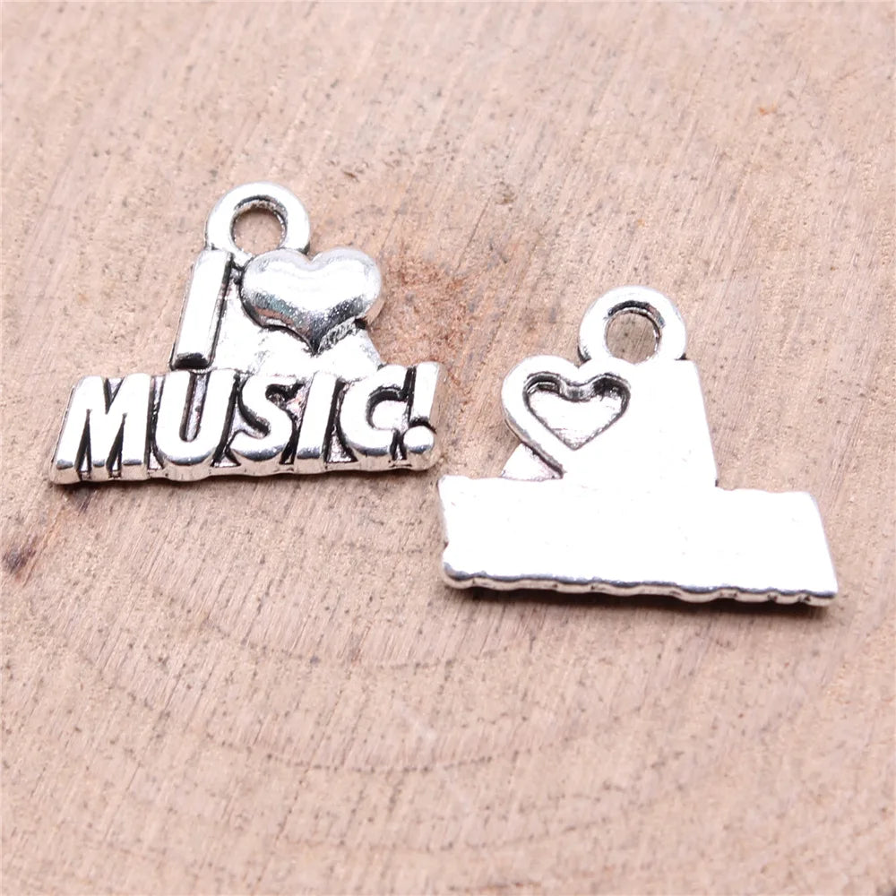 17x13mm 1.18g Antique Silver Zinc Alloy I Love Music Charm Pendant for DIY Music Theme Jewelry Making