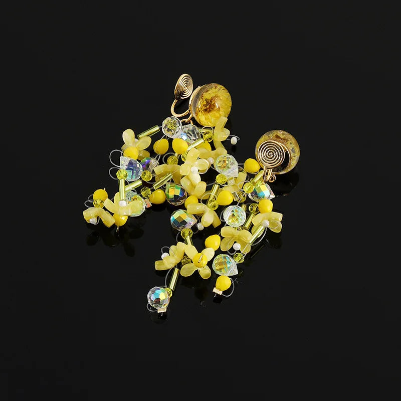 Elegant Yellow Flower Beaded Tassel Crystal Stud & Clip On No Piercing Long Dangle Earrings