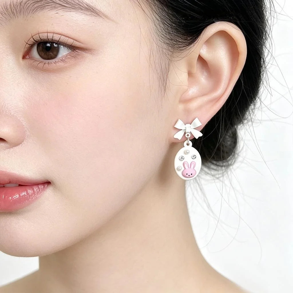 Cute Enamel Rhinestone Bunny Bow Pearl Copper Drop Earrings Sweet Kawaii Jewelry