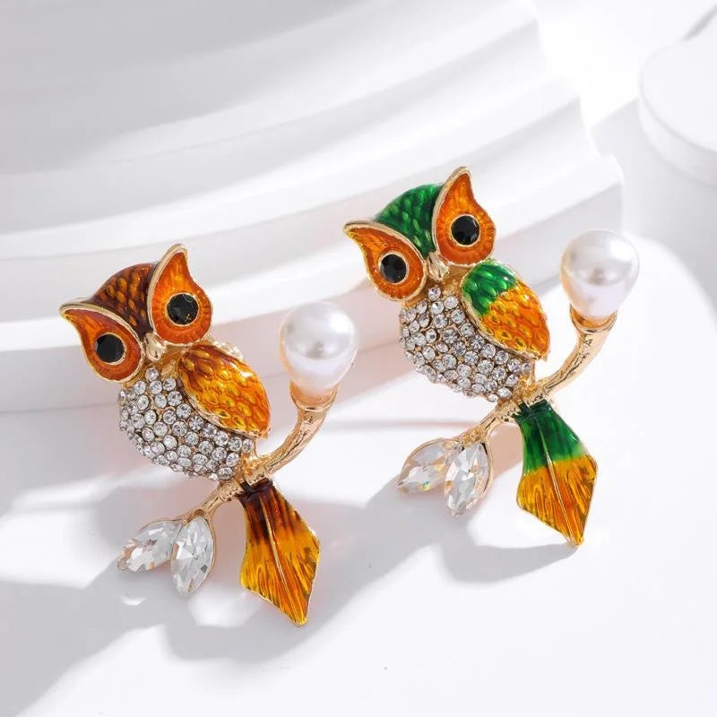 Cute Enamel Owl Brooch With Rhinestone And Faux Pearl, Alloy Lapel Pin Corsage For Suit Sweater Gift