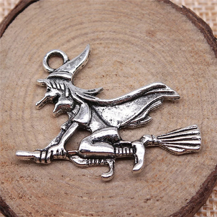 36x34mm 3.6g Antique Silver Zinc Alloy Broom Riding Wizard Charm Pendant for DIY Jewelry Making