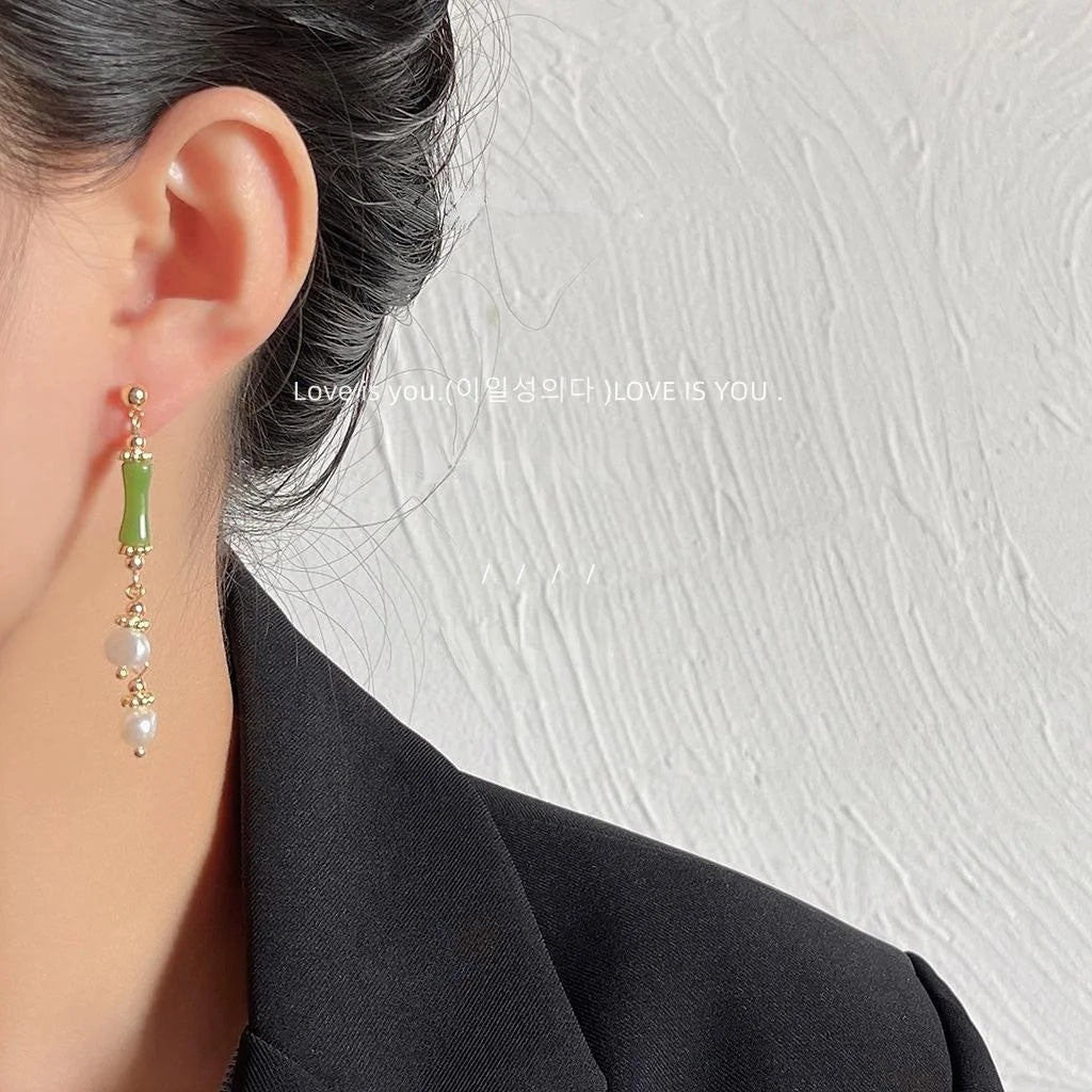 Original Design Copper Stud Earrings With Freshwater Pearl Tassel Bamboo Geometric Forest Style