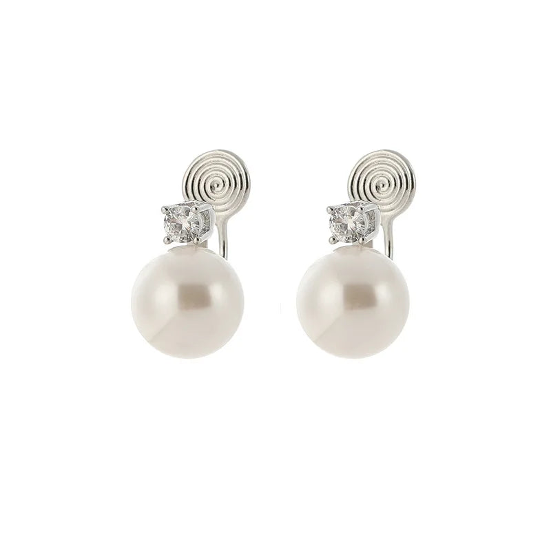 Luxury Classic 12mm Pearl Drop Zircon Spiral Alloy Stud & Clip On No Piercing Earrings