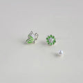 Forest Style Copper Flower Butterfly Asymmetric Enamel Stud Earrings Sweet Elegant Jewelry