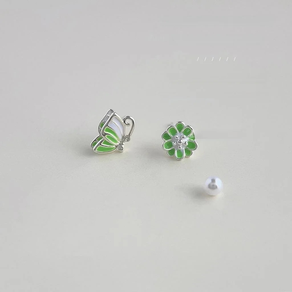 Forest Style Copper Flower Butterfly Asymmetric Enamel Stud Earrings Sweet Elegant Jewelry
