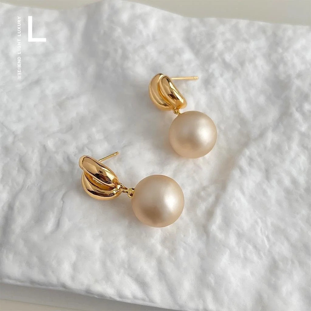 Light Luxury French Champagne Gold Copper Frosted Pearl Geometric Drop Earrings Silver Plated Pin